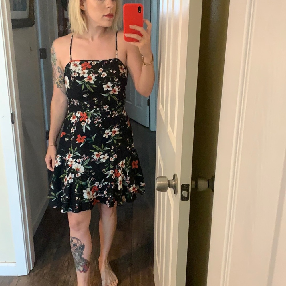 Black floral ruffle mini dress